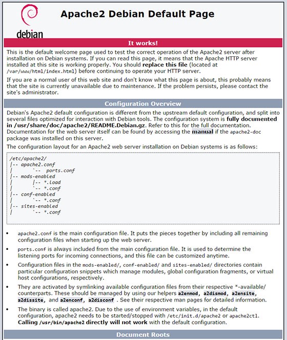 Index strana nakon instalcije na Debian 9